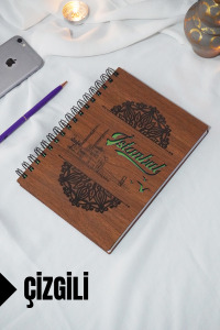 İstanbul Temalı Ahşap Kapaklı Defter - Çizgili Defter - Ajanda - Okul Defteri (A5 - 120 Sayfa)