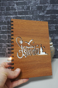 Istanbul Desenli Ahşap Kapaklı Defter - Notebook - Günlük - Çizgisiz Anı Defteri