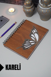 Kelebek Temalı Ahşap Kapaklı Defter - Kareli Defter - Ajanda - Okul Defteri (A5 - 120 Sayfa)