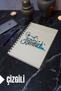 İstanbul Temalı Ahşap Kapaklı Defter - Çizgili Defter - Ajanda - Okul Defteri (A5 - 120 Sayfa)