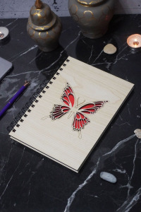 Ahşap Kapaklı Kelebek Desenli Defter - Anı Defteri- Günlük- Çizgisiz Defter - Ajanda-hediyelik