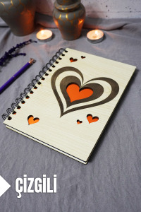 Kalp Desenli Ahşap Kapaklı Defter - Çizgili Defter - Ajanda - Okul Defteri (A5 - 120 Sayfa)