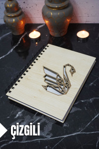Kuğu Temalı Ahşap Kapaklı Defter - Çizgili Defter - Ajanda - Okul Defteri (A5 - 120 Sayfa)