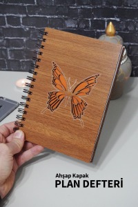 Kelebek Desenli Planlayıcı Ahşap Defter - Günlük Planlayıcı - Tarihsiz Ajanda (90 Sayfa)