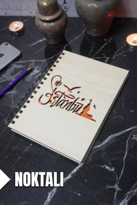 İstanbul Temalı Ahşap Kapaklı Defter - Noktalı Defter - Ajanda - Okul Defteri (A5 - 120 Sayfa)