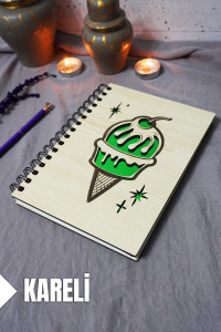 Dondurma Desenli Ahşap Kapaklı Defter - Kareli Defter - Ajanda - Okul Defteri (A5 - 120 Sayfa)