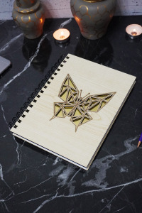 Kelebek Figürlü Ahşap Kapaklı Defter - Çizgisiz Defter - Günlük - Ajanda- A5 Anı Defteri