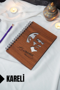 Atatürk Temalı Ahşap Kapaklı Defter - Kareli Defter - Ajanda - Okul Defteri (A5 - 120 Sayfa)