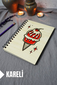 Dondurma Desenli Ahşap Kapaklı Defter - Kareli Defter - Ajanda - Okul Defteri (A5 - 120 Sayfa)