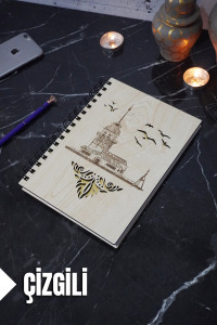 Kız Kulesi Temalı Ahşap Kapaklı Defter - Çizgili Defter - Ajanda - Okul Defteri (A5 - 120 Sayfa)