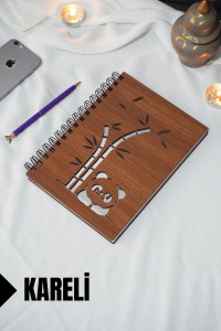 Panda Temalı Ahşap Kapaklı Defter - Kareli Defter - Ajanda - Okul Defteri (A5 - 120 Sayfa)