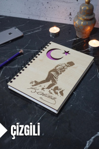 Kemal Atatürk Temalı Ahşap Kapaklı Defter - Çizgili Defter - Ajanda - Okul Defteri (A5 - 120 Sayfa)