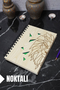 Aslan Temalı Ahşap Kapaklı Defter - Noktalı Defter - Ajanda - Okul Defteri (A5 - 120 Sayfa)