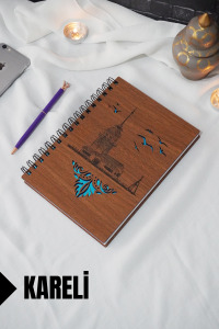 Kız Kulesi Temalı Ahşap Kapaklı Defter - Kareli Defter - Ajanda - Okul Defteri (A5 - 120 Sayfa)