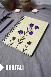 Çiçek Desenli Ahşap Kapaklı Defter - Noktalı Defter - Ajanda - Okul Defteri (A5 - 120 Sayfa)