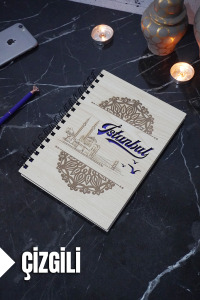 İstanbul Temalı Ahşap Kapaklı Defter - Çizgili Defter - Ajanda - Okul Defteri (A5 - 120 Sayfa)