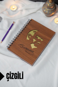 Kemal Atatürk Temalı Ahşap Kapaklı Defter - Çizgili Defter - Ajanda - Okul Defteri (A5 - 120 Sayfa)