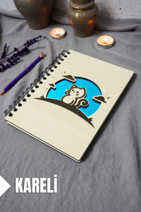 Kedi Desenli Ahşap Kapaklı Defter - Kareli Defter - Ajanda - Okul Defteri (A5 - 120 Sayfa)