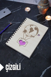 Uçan Balon Temalı Ahşap Kapaklı Defter - Çizgili Defter - Ajanda - Okul Defteri (A5 - 120 Sayfa)