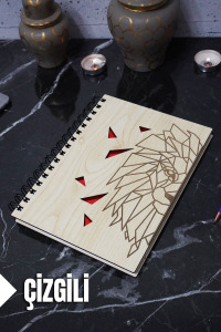 Aslan Temalı Ahşap Kapaklı Defter - Çizgili Defter - Ajanda - Okul Defteri (A5 - 120 Sayfa)