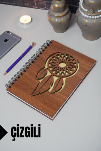 Rüya Kapanı Temalı Ahşap Kapaklı Defter - Çizgili Defter - Ajanda - Okul Defteri (A5 - 120 Sayfa)