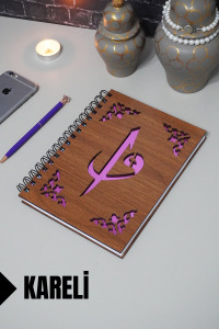 Elif Vav Desenli Ahşap Kapaklı Defter - Kareli Defter - Ajanda - Okul Defteri (A5 - 120 Sayfa)