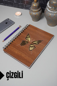 Kelebek Temalı Ahşap Kapaklı Defter - Çizgili Defter - Ajanda - Okul Defteri (A5 - 120 Sayfa)