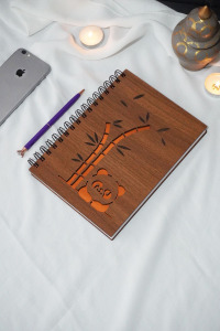 Panda Desen Ahşap Defter - Ajanda - A5 Spiralli Çizgisiz Defter - Hediyelik