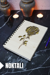 Gül Temalı Ahşap Kapaklı Defter - Noktalı Defter - Ajanda - Okul Defteri (A5 - 120 Sayfa)