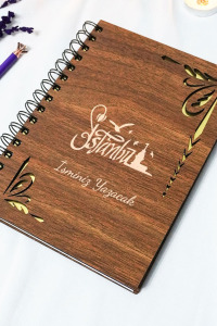 Kişiye Özel İstanbulDesenli Ahşap Kapaklı Defter - Ajanda - İsme Özel - A5 60 Yaprak (120 SAYFA) Hediyelik
