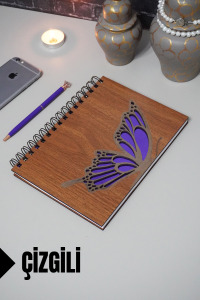 Kelebek Temalı Ahşap Kapaklı Defter - Çizgili Defter - Ajanda - Okul Defteri (A5 - 120 Sayfa)