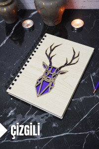 Geyik Figürlü Ahşap Kapaklı Defter - Çizgili Defter - Ajanda - Okul Defteri (A5 - 120 Sayfa)