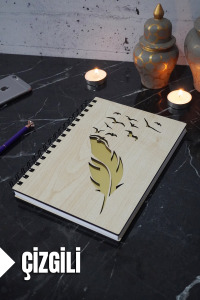 Kuş Tüy Temalı Ahşap Kapaklı Defter - Çizgili Defter - Ajanda - Okul Defteri (A5 - 120 Sayfa)
