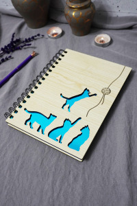 Kedi Desenli Ahşap Kapaklı Defter - Çizgisiz Defter - Günlük - Ajanda-hediyelik-a5 Anı Defteri