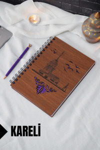 Kız Kulesi Temalı Ahşap Kapaklı Defter - Kareli Defter - Ajanda - Okul Defteri (A5 - 120 Sayfa)