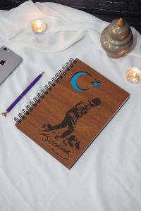 Mustafa Kemal Atatürk Ahşap Kapaklı Okul Defteri- Günlük - Çizgisiz Defter-a5 Notebook-hediyelik
