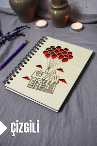 Uçan Balon Ev Ahşap Kapaklı Defter - Çizgili Defter - Ajanda - Okul Defteri (A5 - 120 Sayfa)