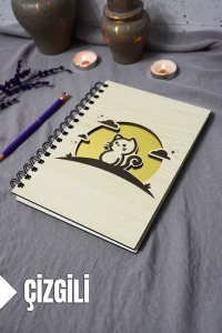 Kedi Desenli Ahşap Kapaklı Defter - Çizgili Defter - Ajanda - Okul Defteri (A5 - 120 Sayfa)