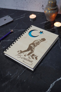 A5 Spiralli Mustafa Kemal Atatürk Desenli Ahşap Defter-çizgisiz Defter-120 Sayfa-okul Defteri