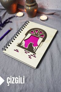 Kedi Desenli Ahşap Kapaklı Defter - Çizgili Defter - Ajanda - Okul Defteri (A5 - 120 Sayfa)