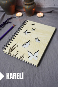 Kelebek Desenli Ahşap Kapaklı Defter - Kareli Defter - Ajanda - Okul Defteri (A5 - 120 Sayfa)