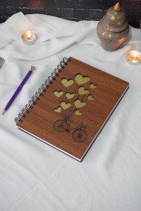 A5 Spiralli Balonlu Bisiklet Ahşap Defter - Günlük - Çizgisiz Defter-a5 Notebook-hediyelik
