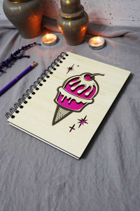 Dondurma Desenli Ahşap Kapaklı Defter - Çizgisiz Defter - Günlük - Ajanda-hediyelik-a5 Anı Defteri