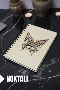 Kelebek Temalı Ahşap Kapaklı Defter - Noktalı Defter - Ajanda - Okul Defteri (A5 - 120 Sayfa)