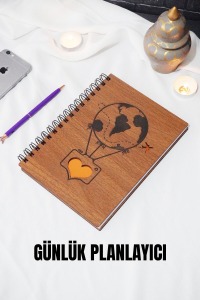 Balon Tasarım Ahşap Kapak Günlük Plan Defteri - Süresiz Ajanda - Tarihsiz Planlama Defteri - A5