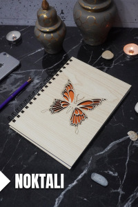 Kelebek Temalı Ahşap Kapaklı Defter - Noktalı Defter - Ajanda - Okul Defteri (A5 - 120 Sayfa)