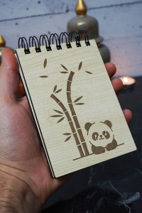 Panda Temalı Ahşap Kapaklı Not Defteri - Mini Defter - Cep Defteri - Benim Listem