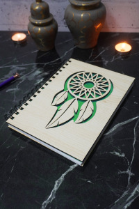 Rüya Kapanı Desenli Ahşap Kapaklı Defter - Ajanda - Günlük - Çizgisiz Defter - Not Defteri