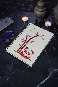 Panda Tasarımlı Ahşap Defter Günlük-çizgisiz Defter-hediyelik A5 Spiralli Okul Defteri