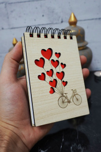 Bisiklet Balon Temalı Ahşap Kapaklı Not Defteri - Mini Defter - Cep Defteri - Benim Listem